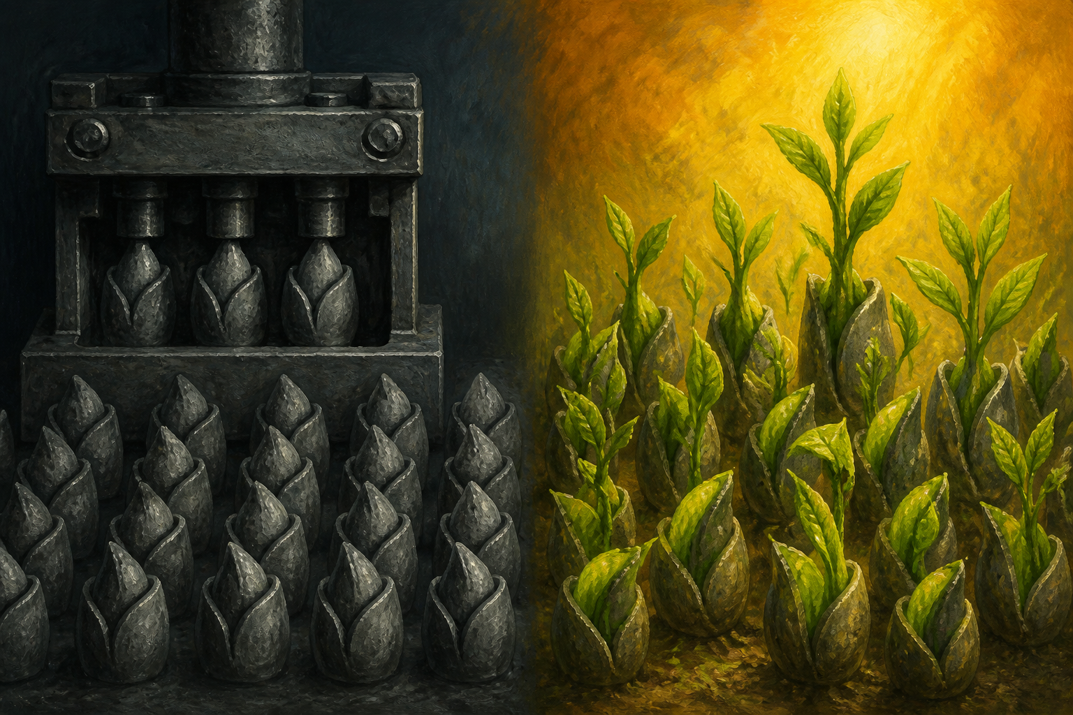 On the left, identical grey forms pressed out of an iron mould; on the right, the same shells opening into green shoots under warm light