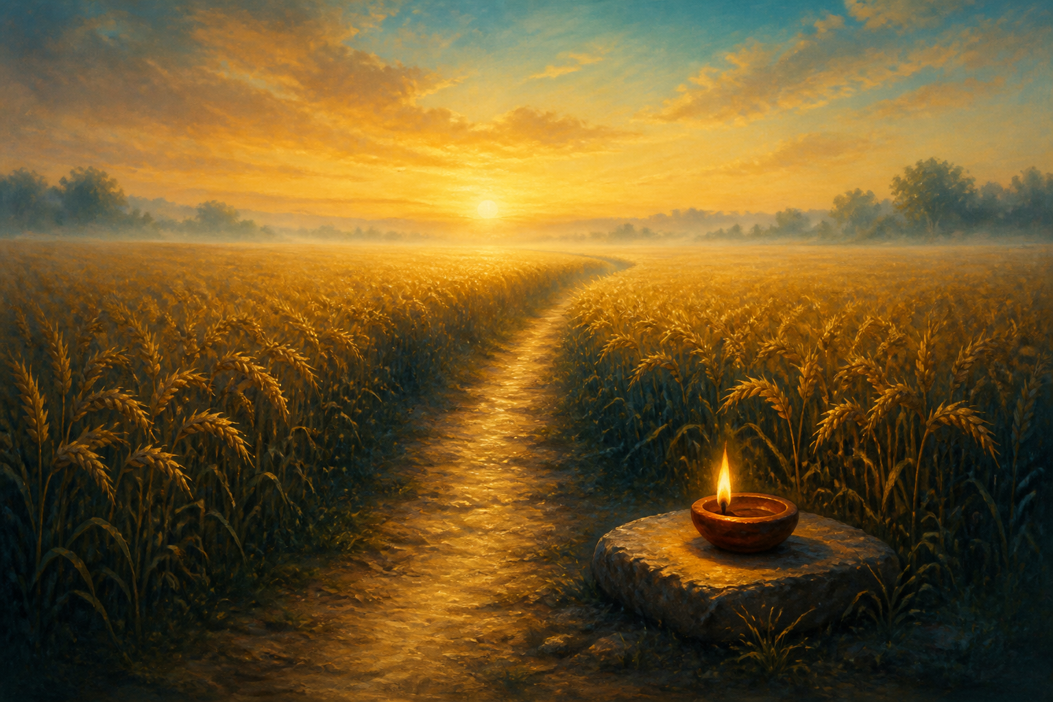 A narrow footpath through a field of ripe grain at dawn, with a small clay oil lamp burning on a stone beside the path