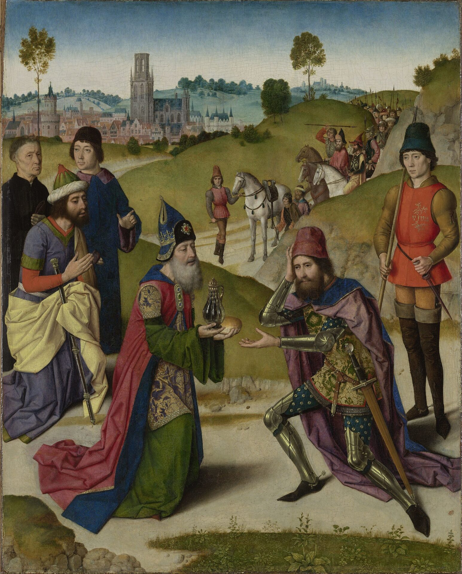 Dieric Bouts, The Meeting of Abraham and Melchizedek (c. 1464–1467). An imagined scene painted with the clothing and landscape of the artist's own 15th-century world.