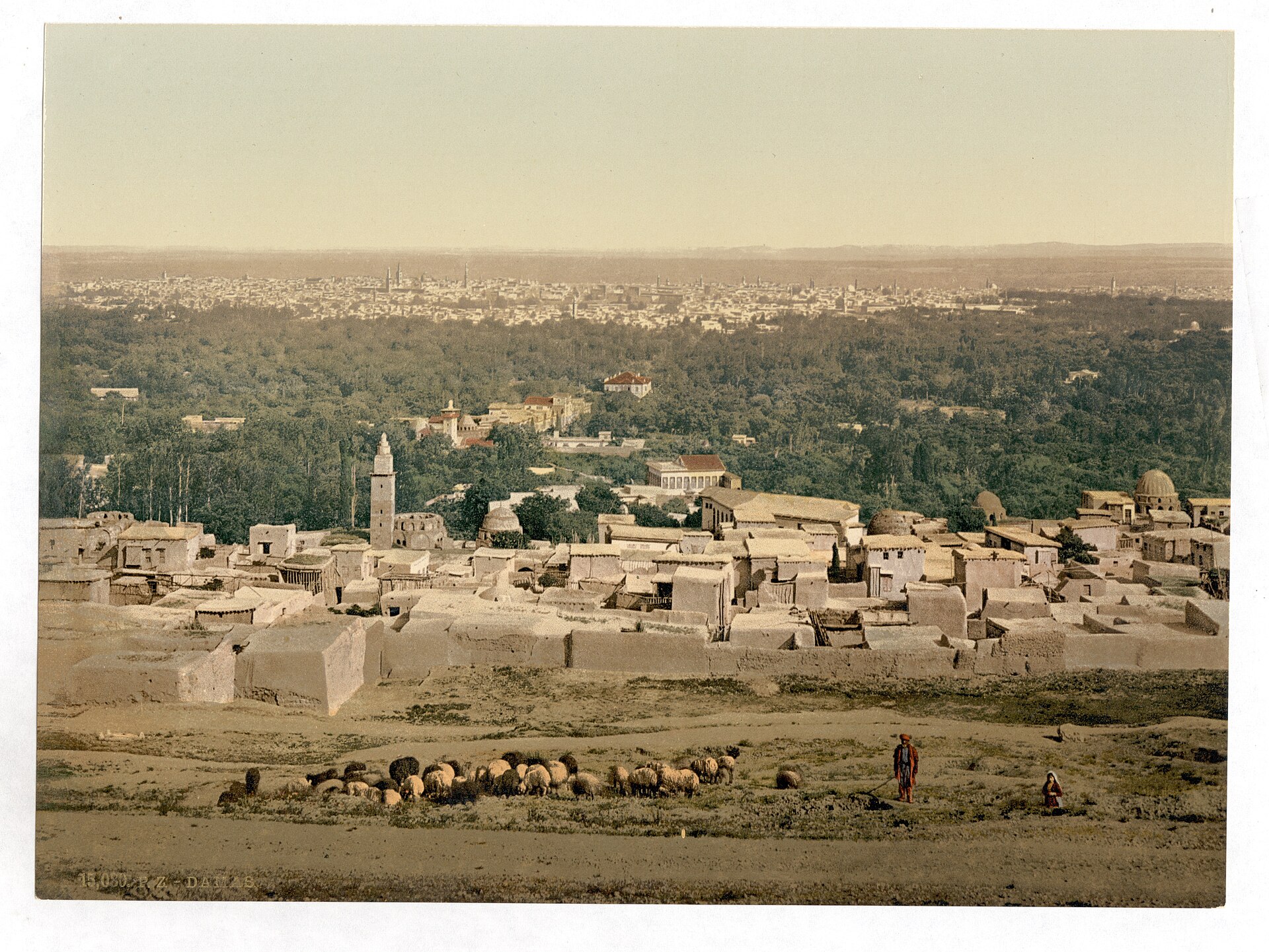 A general view of Damascus in a photochrom print from the late 19th century. Abram pursued the enemy as far as Hobah, on the left hand of Damascus (Genesis 14:15).