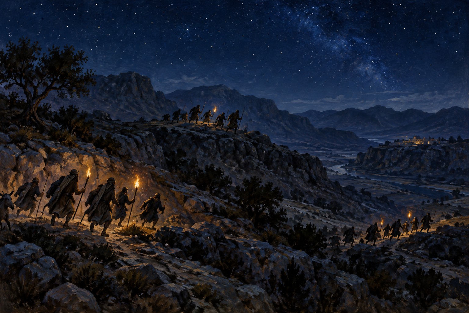A symbolic illustration of Abram dividing his men and pursuing the enemy by night (Genesis 14:15). It does not depict actual people or places.