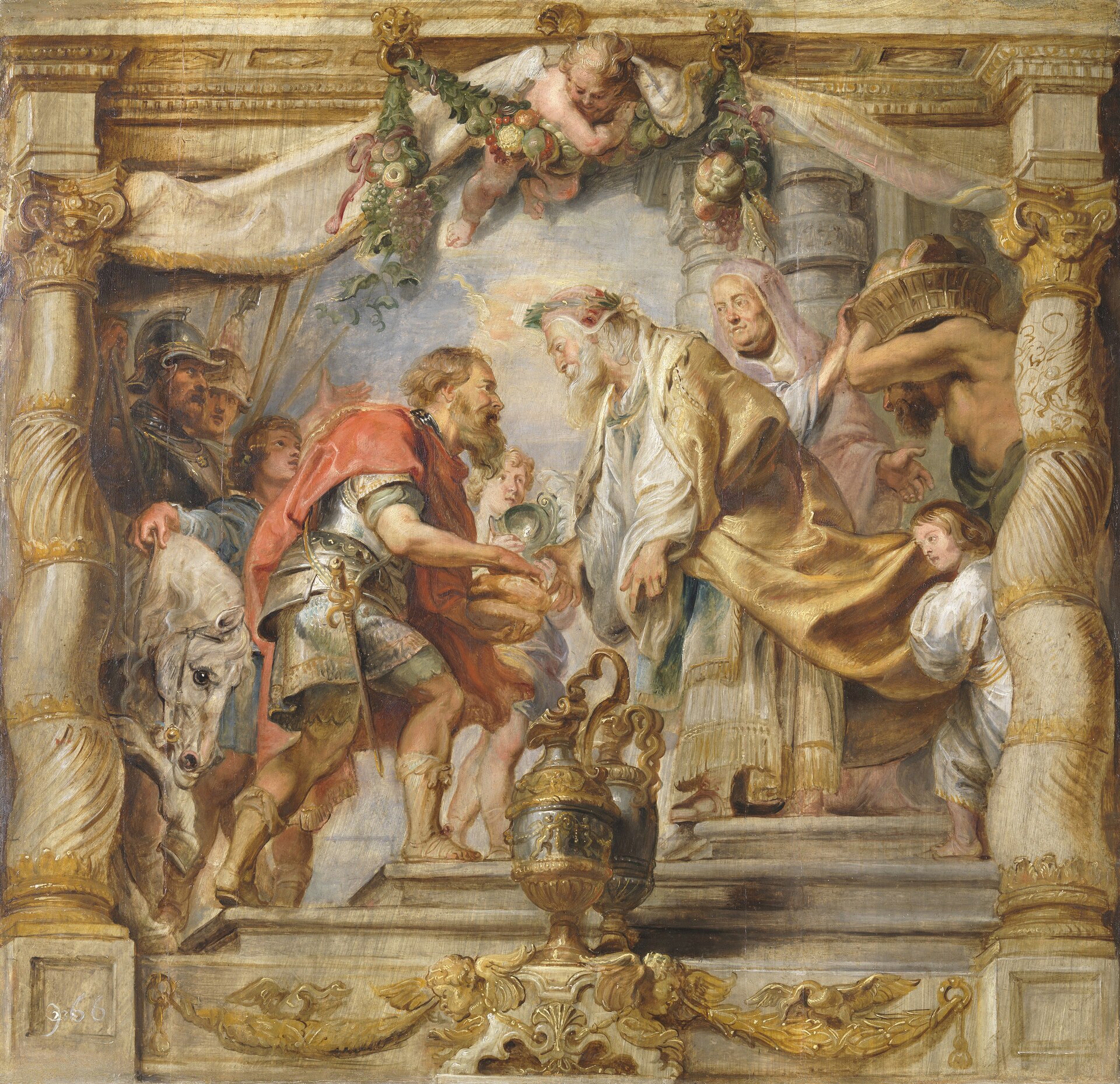 Peter Paul Rubens, The Meeting of Abraham and Melchizedek (c. 1626). An oil sketch made as a design for a tapestry; an imagined scene by the painter.