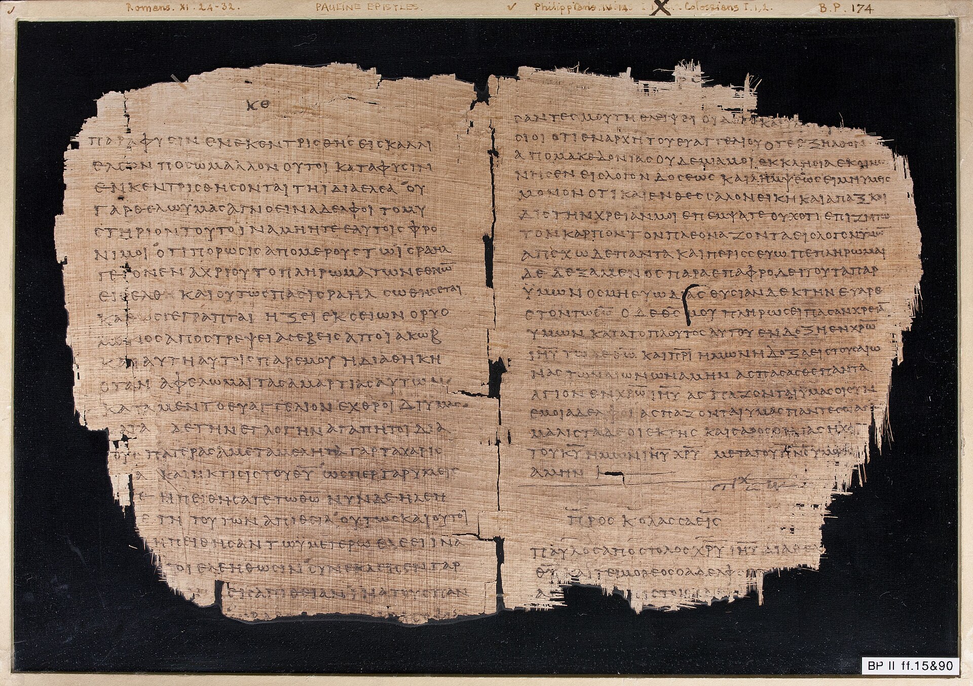 A bifolio of the papyrus codex P46 containing Paul's letters, written in Greek uncials