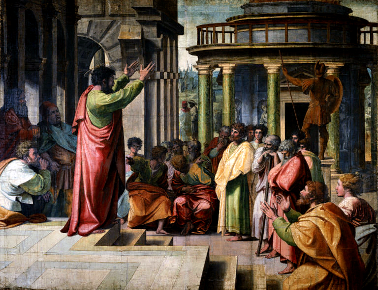 Raphael, Saint Paul Preaching in Athens (c. 1515, a tapestry cartoon). It depicts the scene in Acts 17, where Paul proclaims the gospel to Greeks.