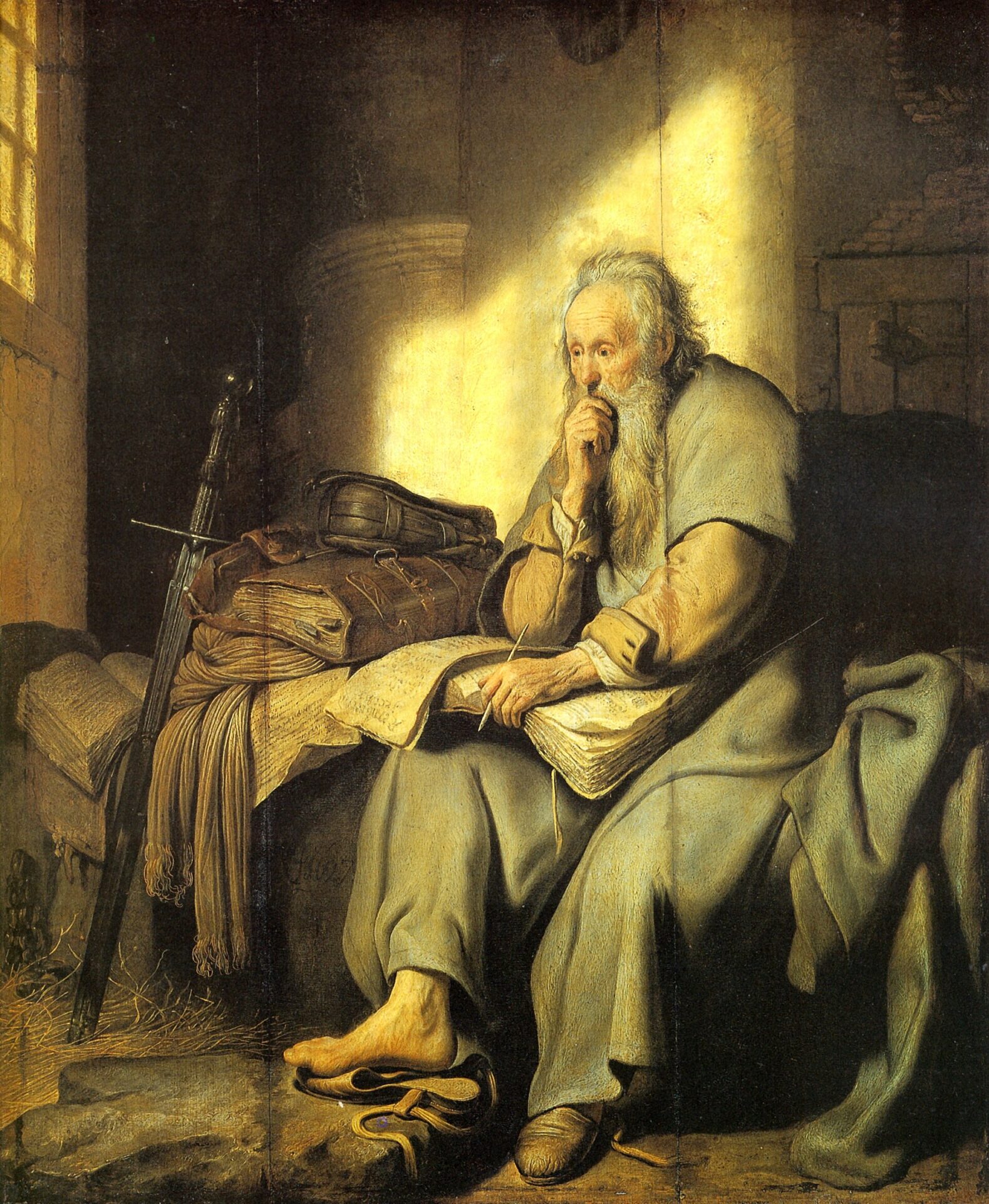 Rembrandt, Saint Paul in Prison (1627). Even in chains, Paul confessed that he was not ashamed of the gospel (2 Timothy 1:8, 12). An imagined scene by the painter.