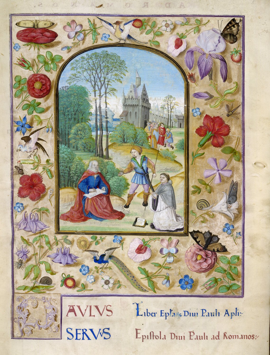 British Library MS. Royal 1 E V, folio 5 (c. 1506). The page where Romans begins in a Latin manuscript of Paul's letters, showing Paul writing and John Colet kneeling.