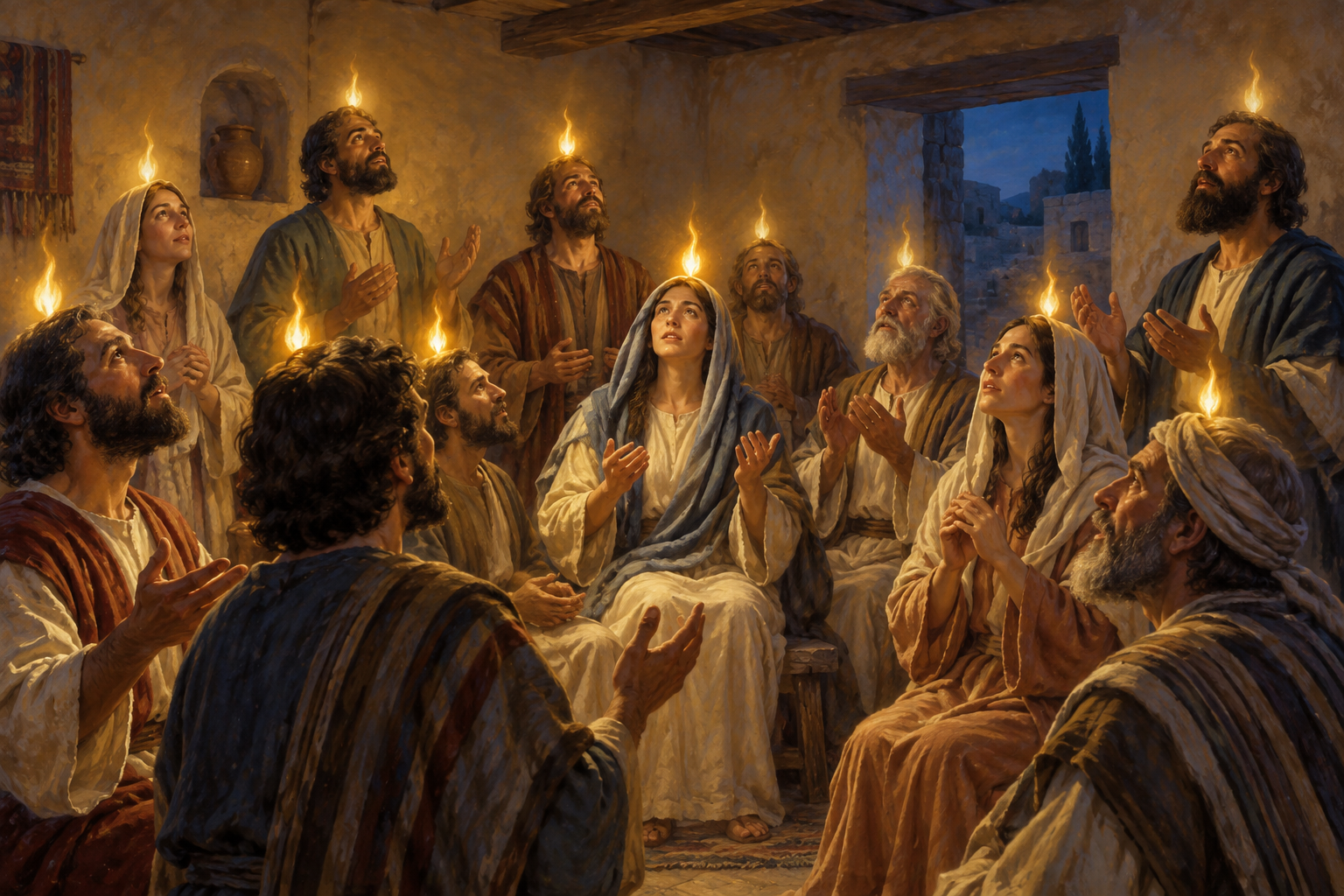An interpretive illustration of the tongues like fire and the Spirit at Pentecost. The faces and building are artistically imagined.