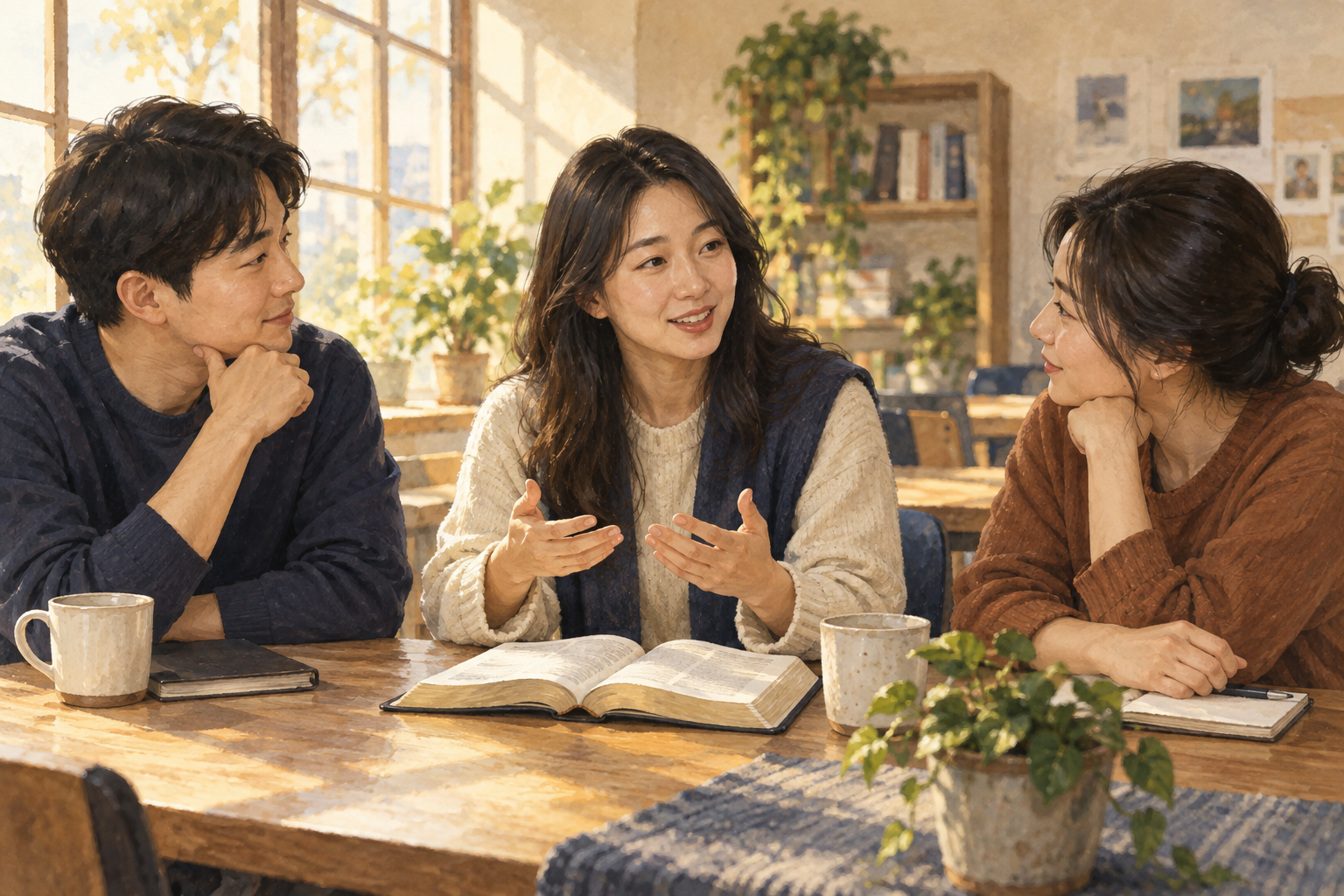 Illustration of three people listening to one another around an open book