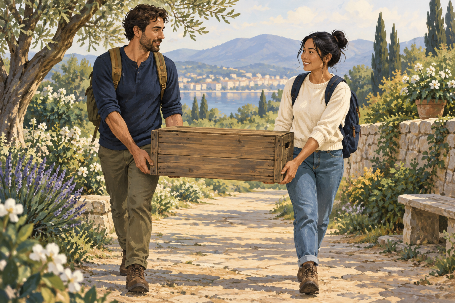 Two people sharing one box while each wears a backpack