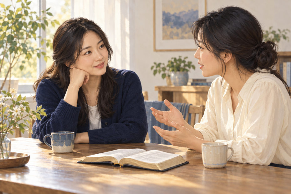 펼친 책을 앞에 두고 한 사람의 말을 주의 깊게 듣는 두 여성의 삽화.