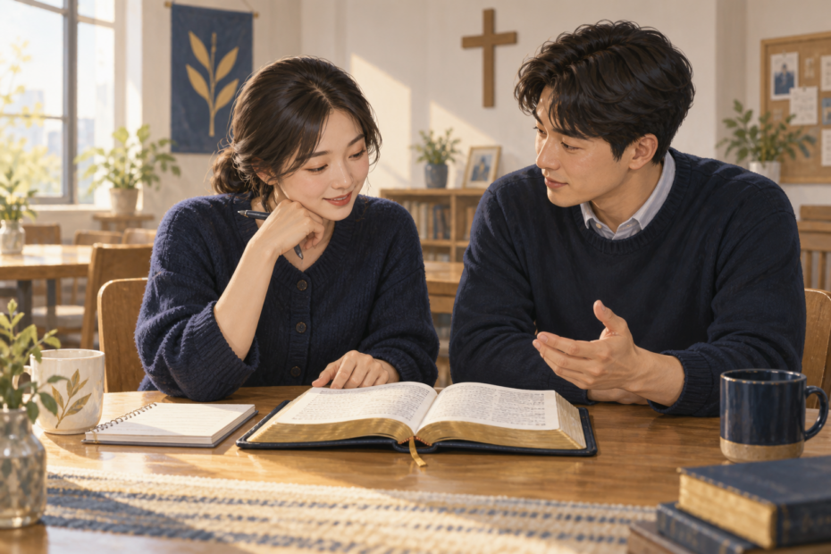 함께 말씀을 읽고 서로 듣는 모습을 그린 설명용 삽화.