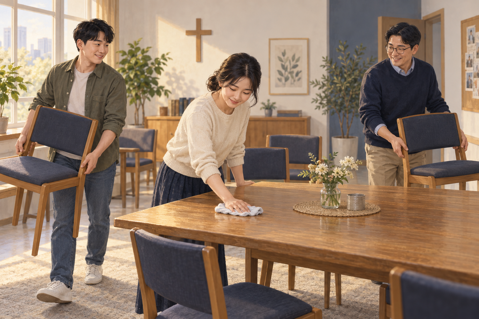 An explanatory illustration of practicing service by sharing cleanup after a gathering.