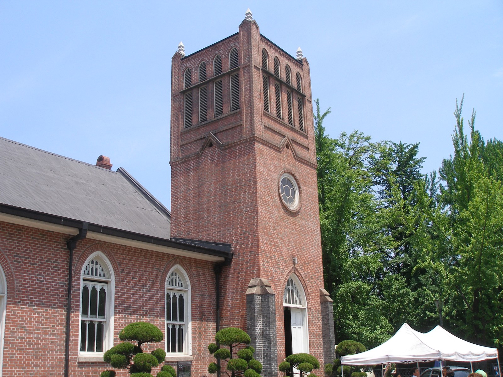 The red-brick bell tower and chapel of Chungdong First Methodist Church in Seoul