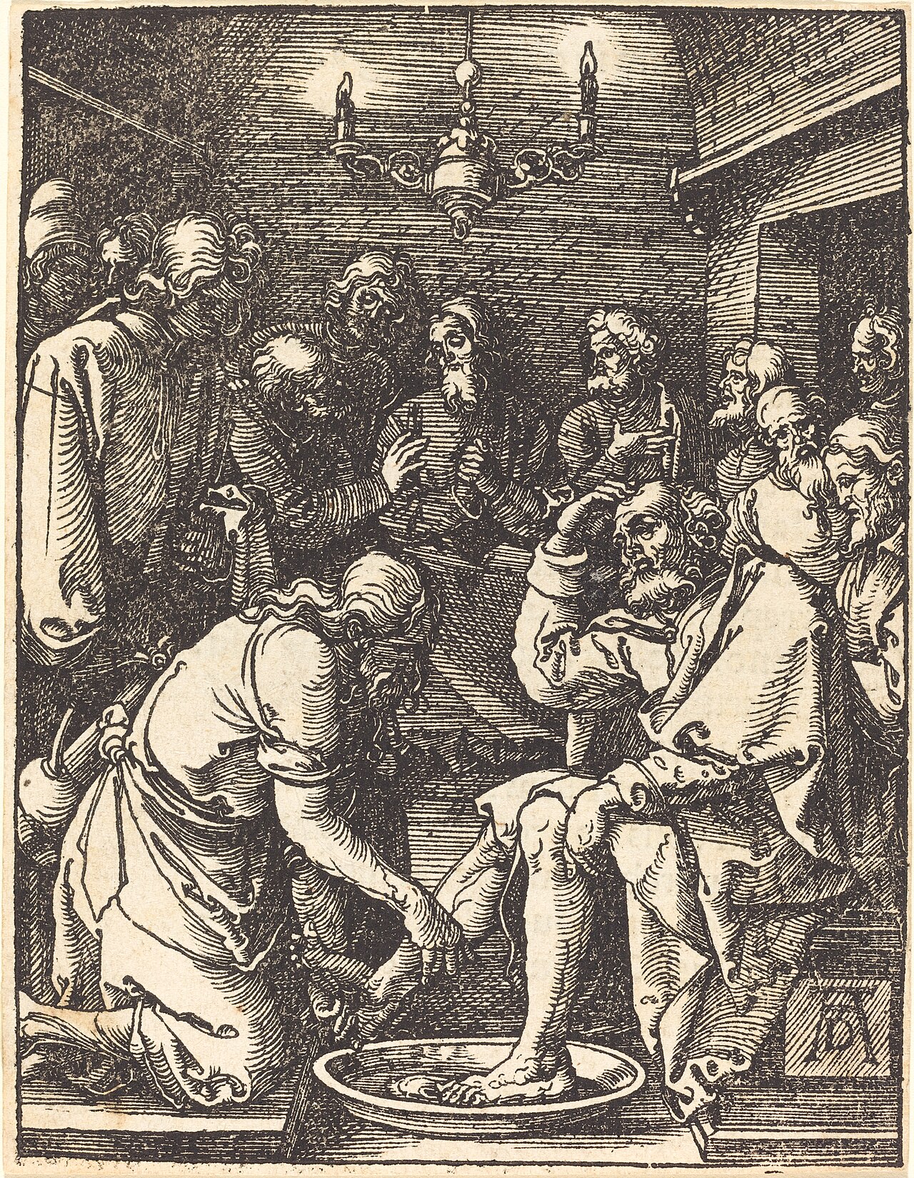 Albrecht Dürer woodcut of Jesus kneeling to wash a disciple's feet in a basin