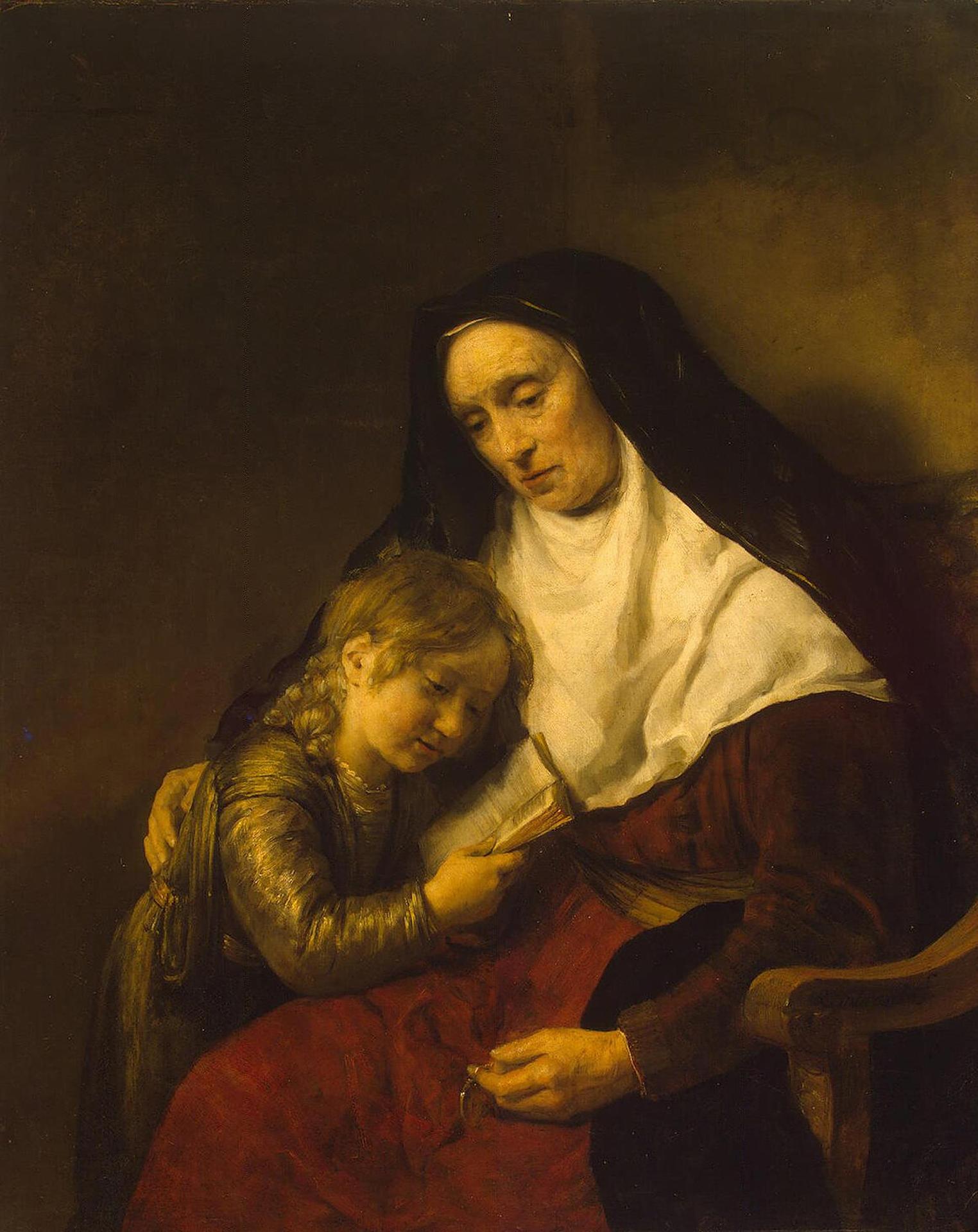 Willem Drost's painting of young Timothy reading a book with his grandmother Lois