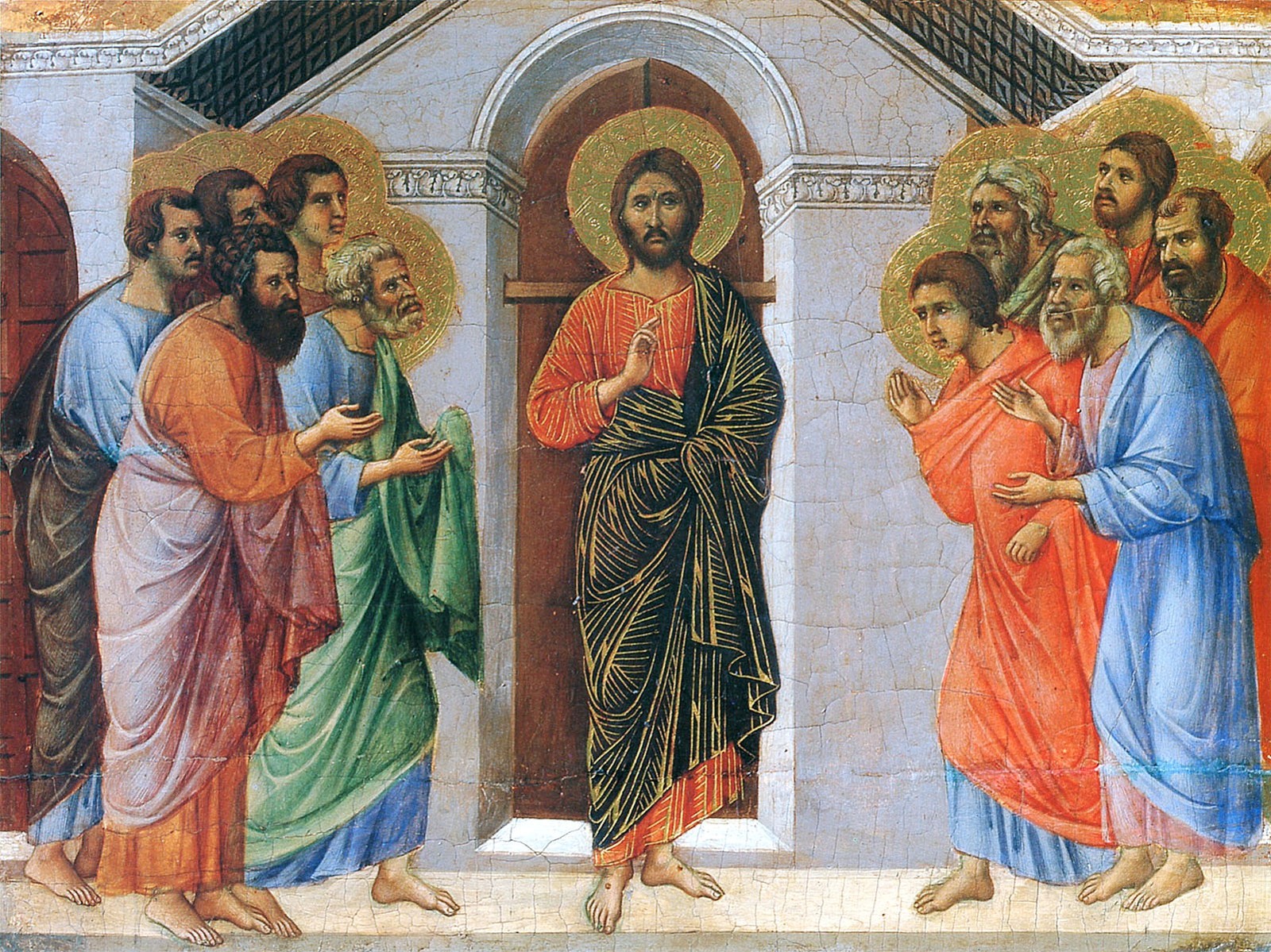 Detail of Duccio's altarpiece — the risen Jesus standing in the middle before a closed door, with disciples gathered on both sides looking at him