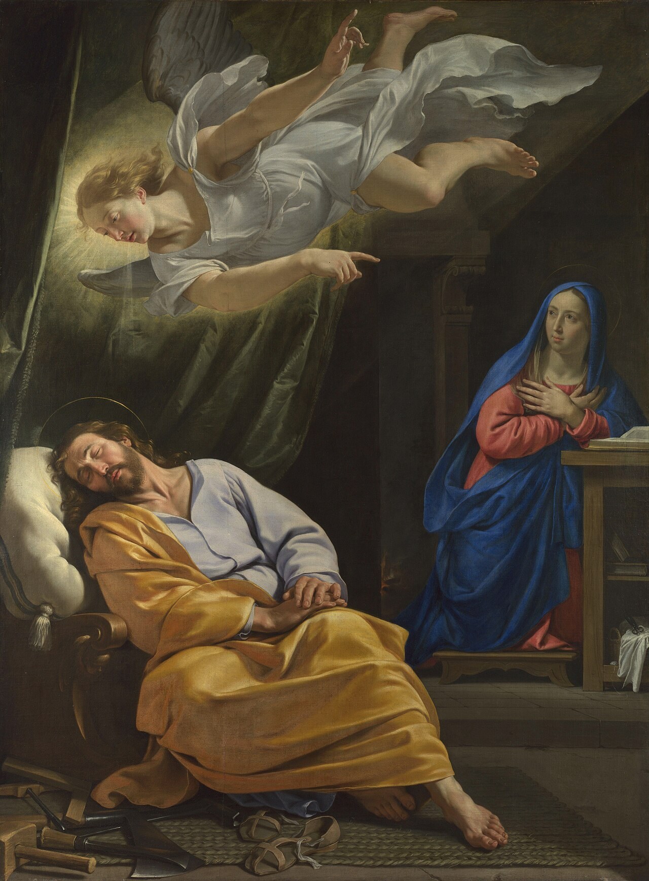Philippe de Champaigne, The Dream of Saint Joseph — an angel flies toward the sleeping Joseph and points to Mary, who prays at the right