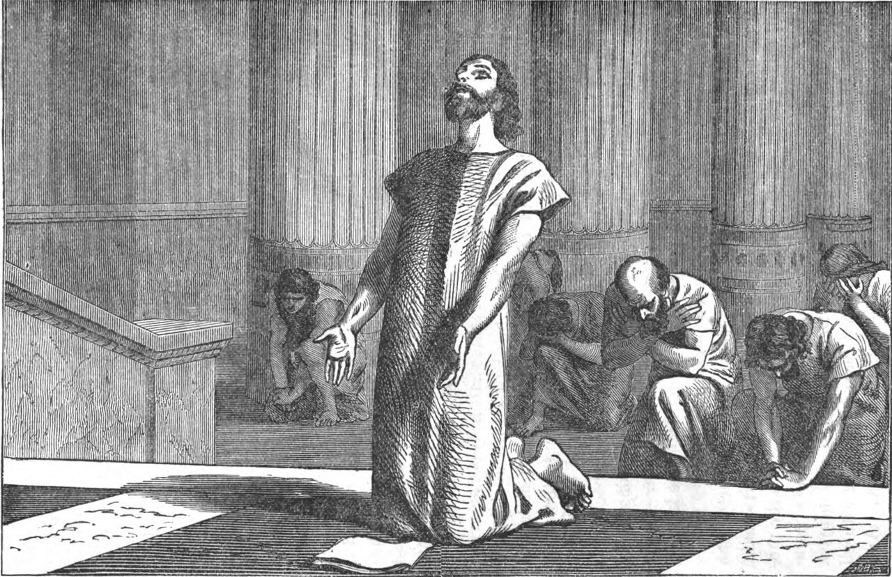 An engraving of Hezekiah in sackcloth kneeling between temple pillars and looking upward, with a letter spread on the floor and people bowed in prayer behind him