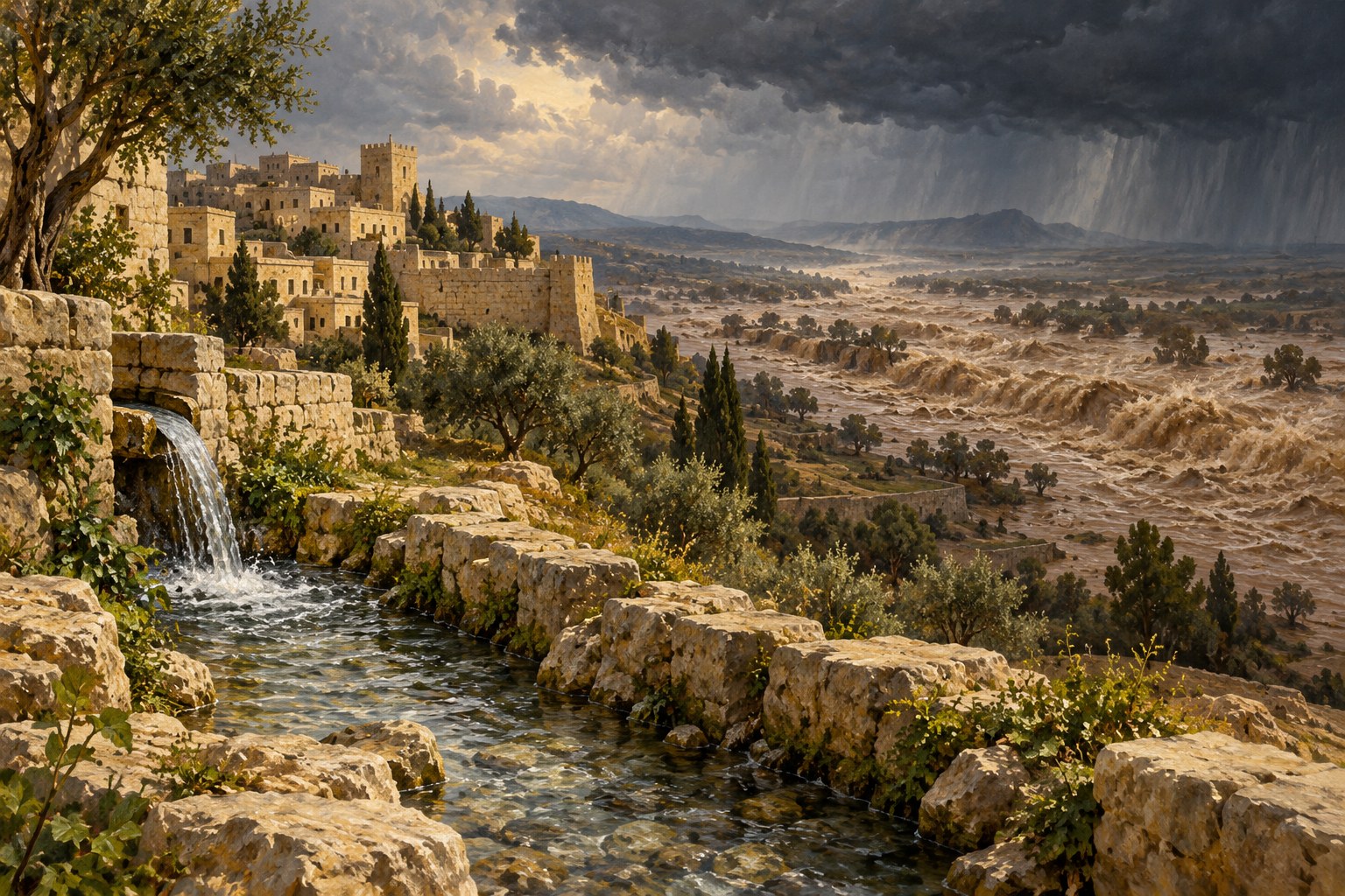 A symbolic illustration contrasting a gentle small stream beside an ancient hill city with a raging great river breaking over its banks in the distance