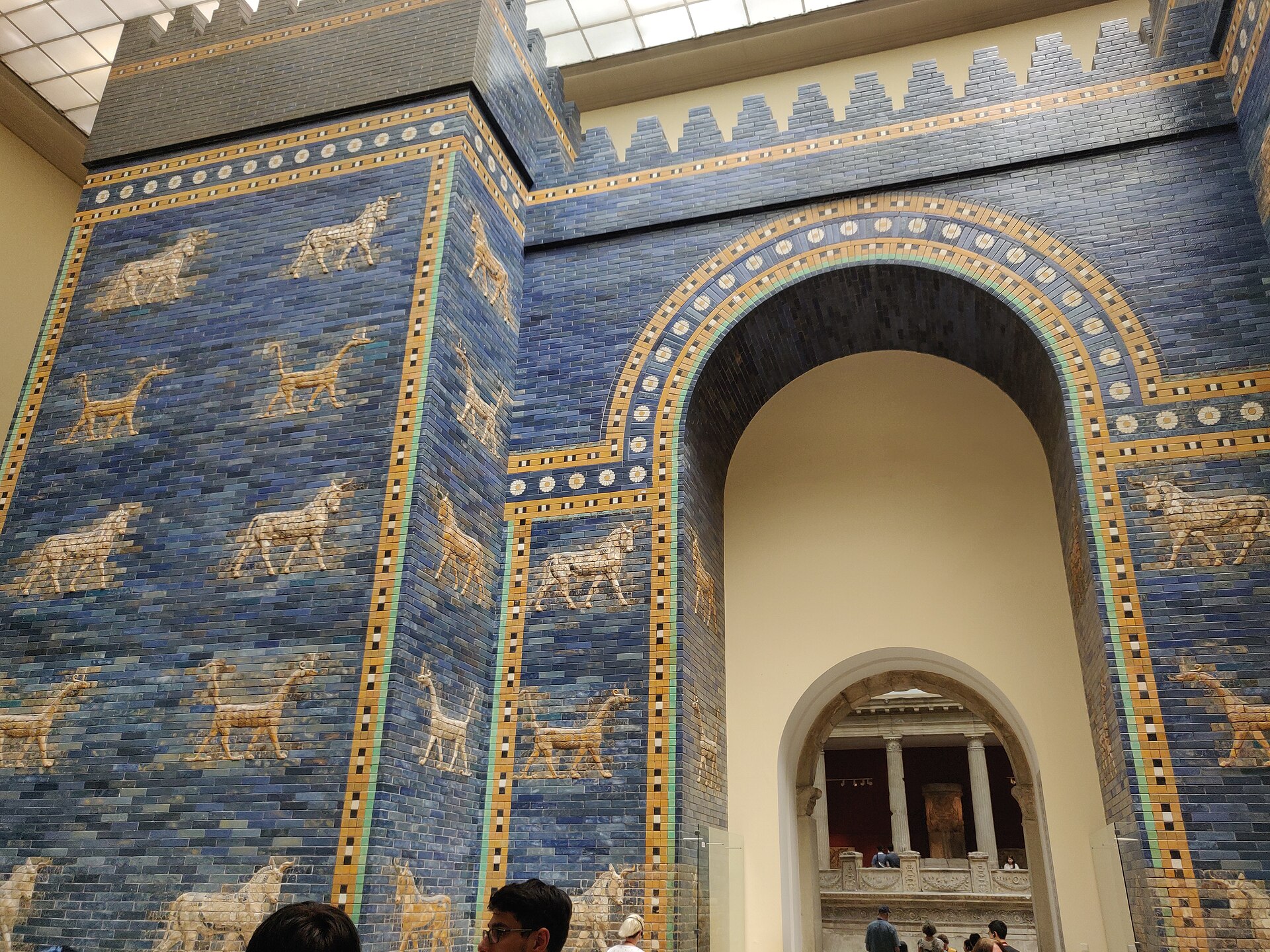 The Ishtar Gate of Babylon reconstructed in the Pergamon Museum, Berlin — blue glazed bricks with animal reliefs