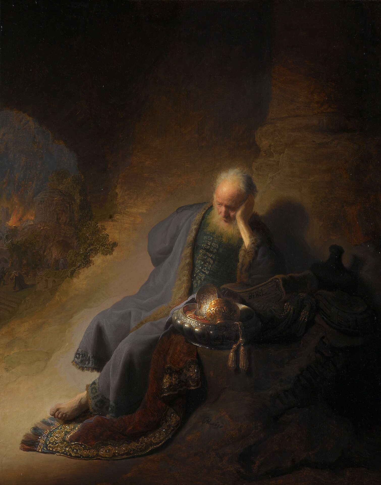 Rembrandt, Jeremiah Lamenting the Destruction of Jerusalem (1630) — the aged prophet leaning against a rock