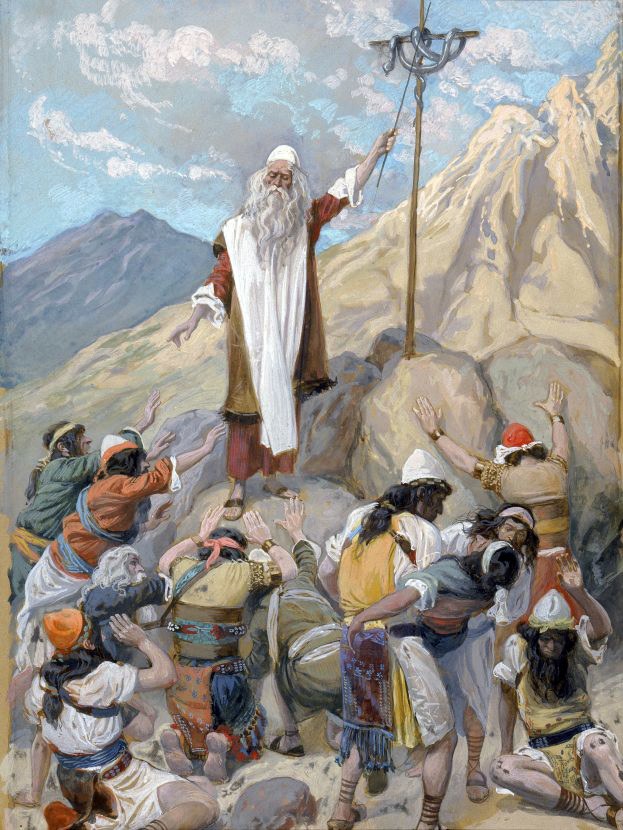 James Tissot, The Brazen Serpent — Moses pointing to the bronze serpent on the pole as the Israelites look up
