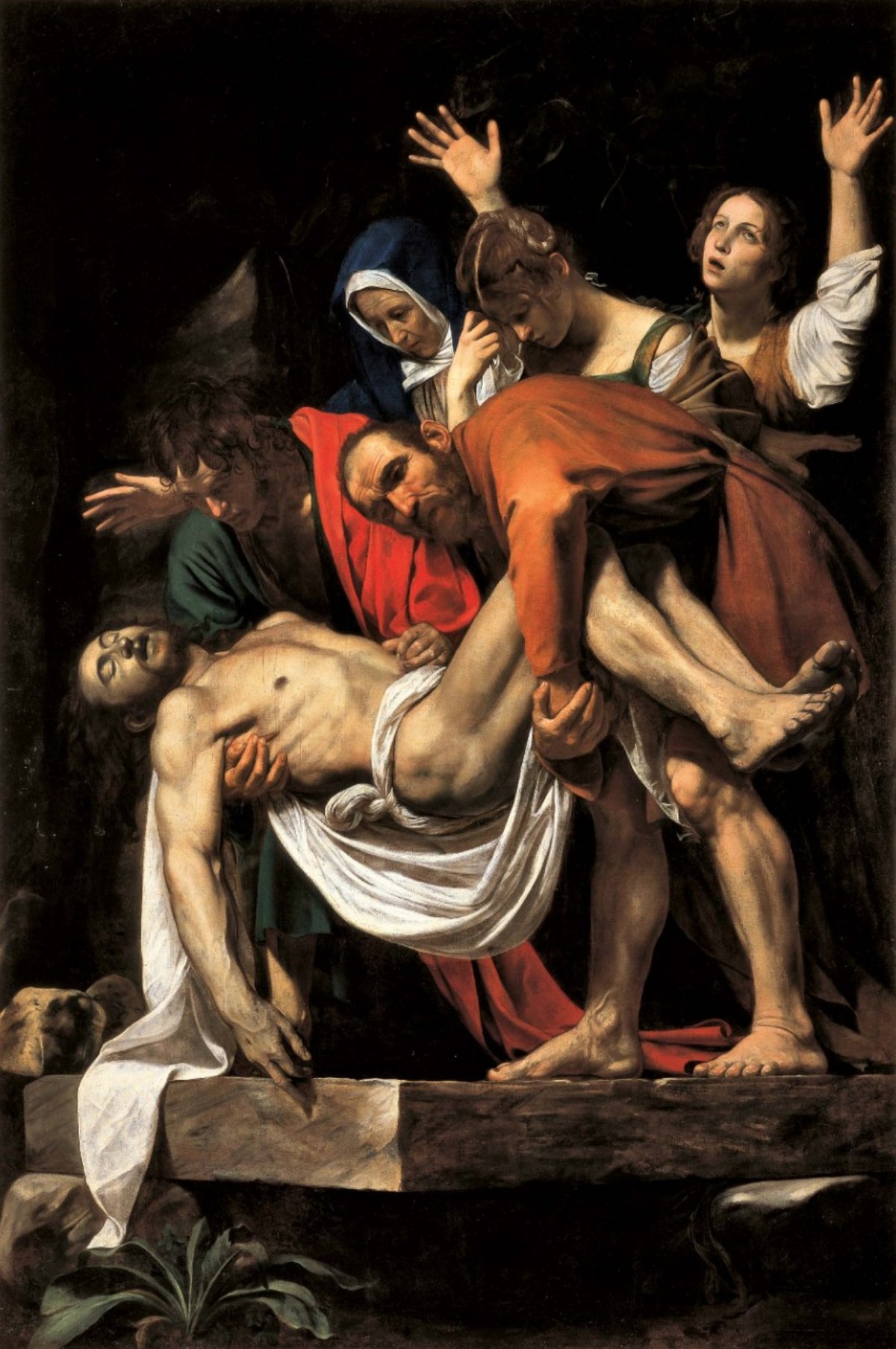 Caravaggio, The Entombment of Christ — Nicodemus holding the knees of Jesus