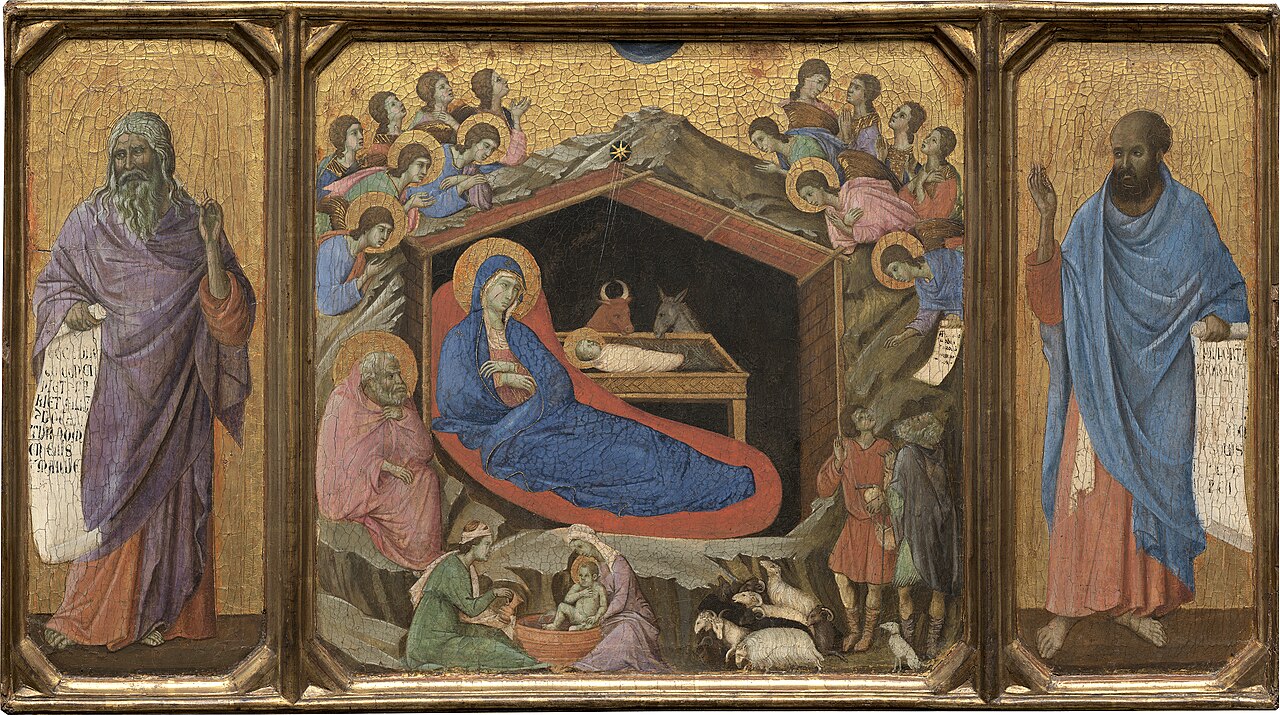 Duccio's The Nativity with the Prophets Isaiah and Ezekiel — the infant Jesus in the manger with Mary, flanked by two prophets holding scrolls