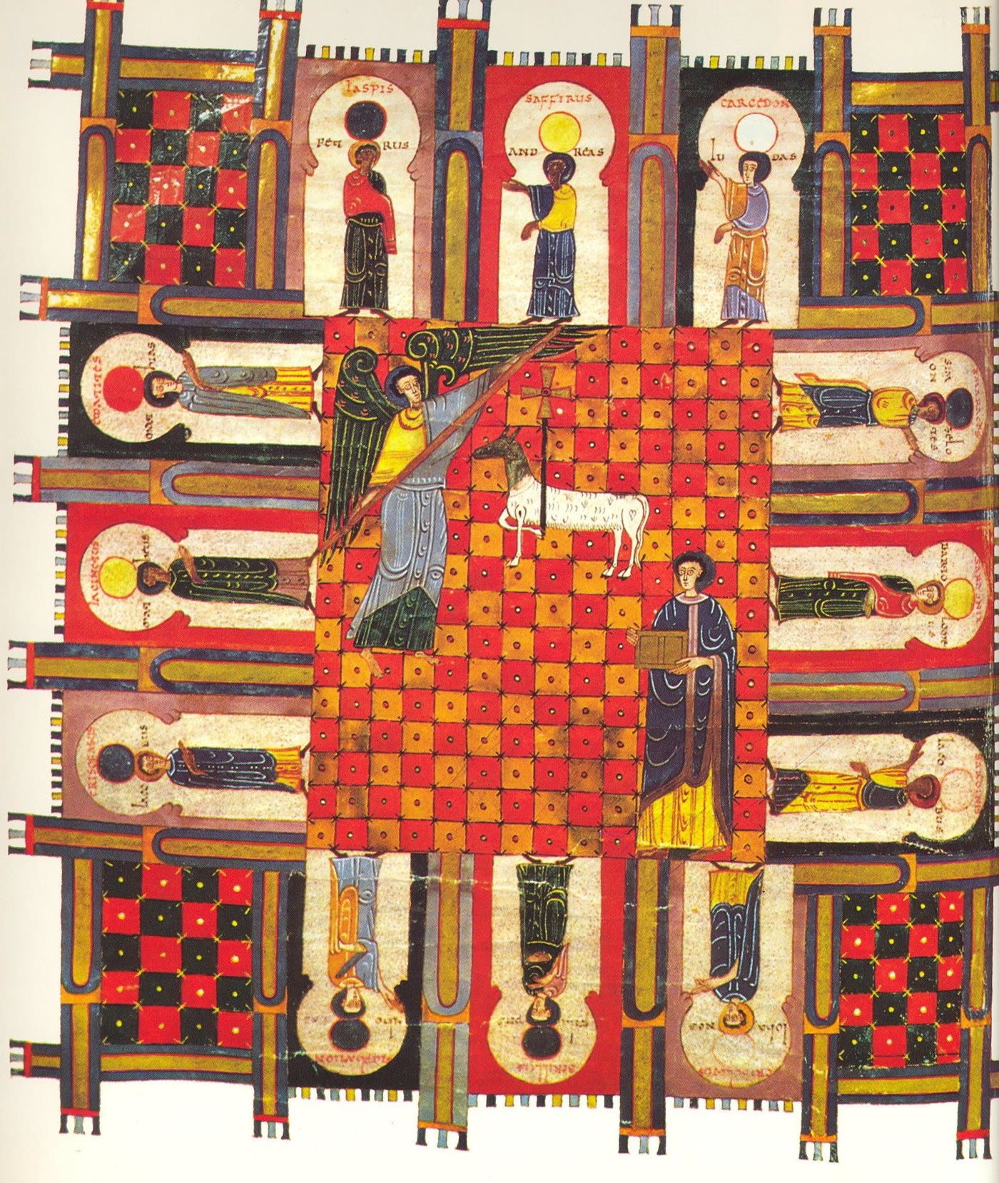 The New Jerusalem in the Facundus manuscript (1047), with an apostle and a gemstone name painted in each of the twelve gates