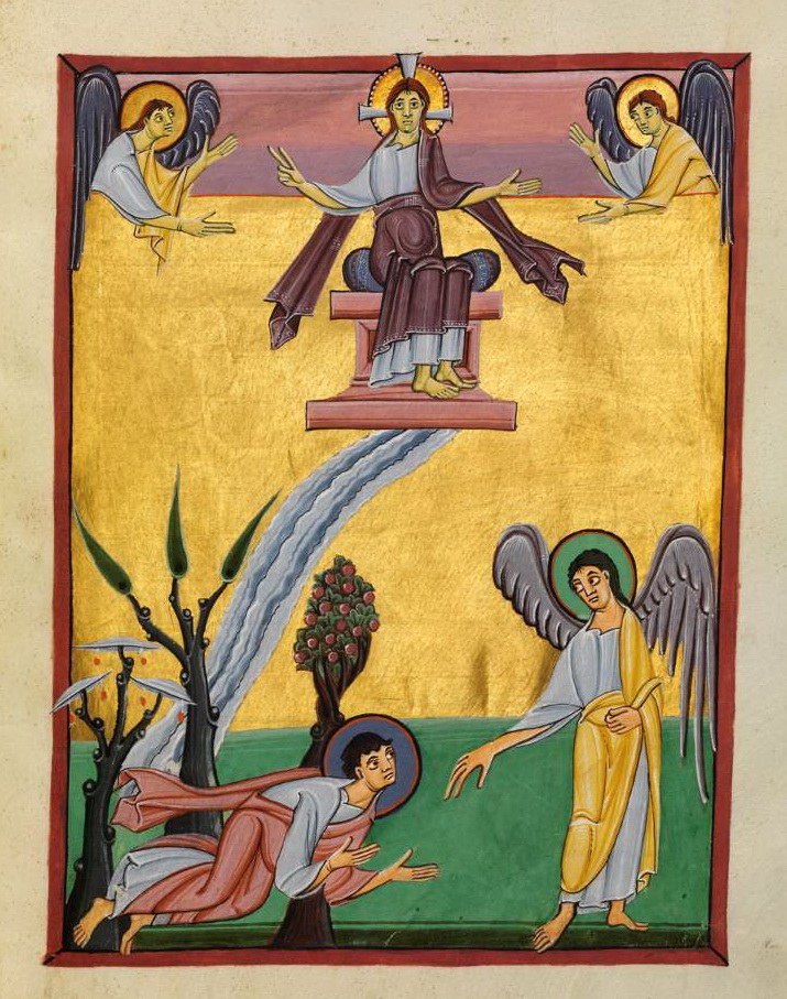 The river flowing from the throne and the tree of life — Bamberg Apocalypse (early 11th century)