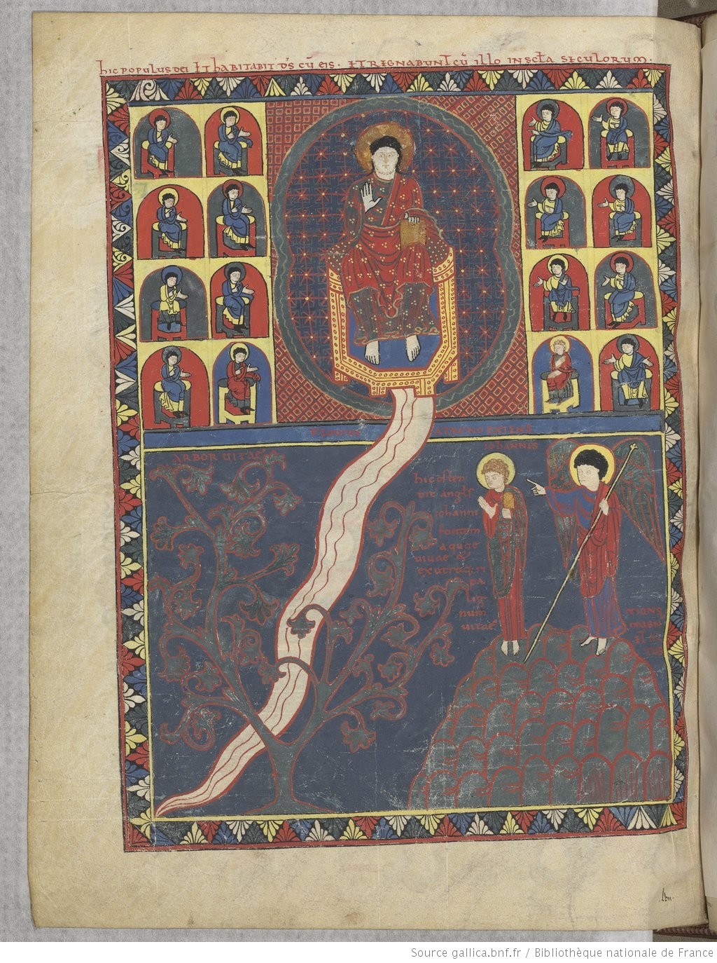 The river of the water of life flowing from the throne, with the tree of life — Saint-Sever Beatus (11th century)
