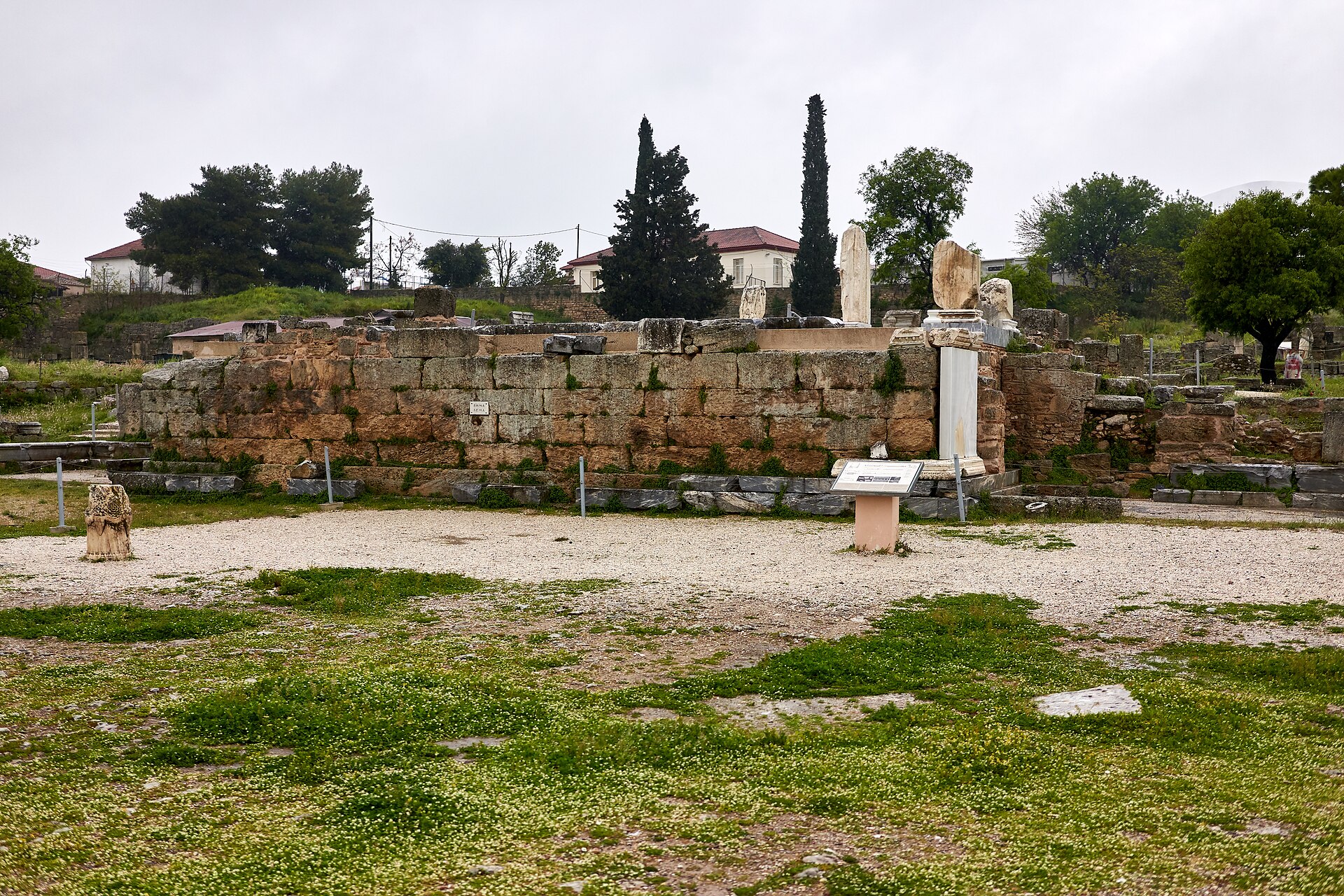 Stone platform of the speaker’s platform (bema) remaining on the upper terrace of the Roman forum at ancient Corinth